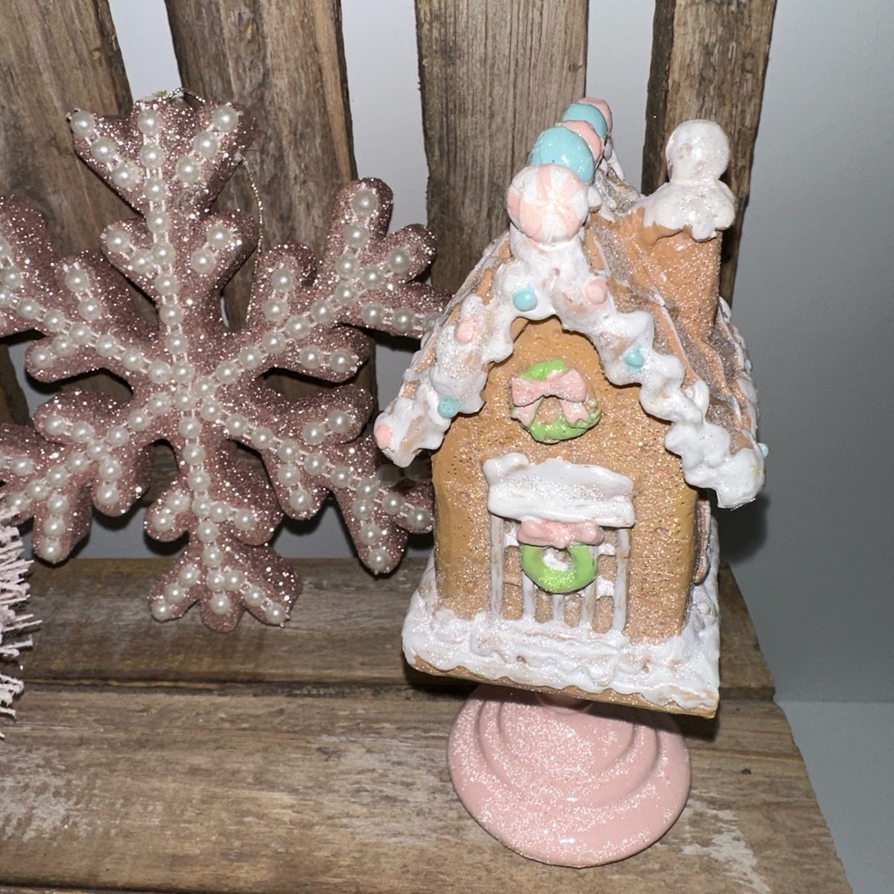 New Holiday Pink Gingerbread House on Pedestal Decor
